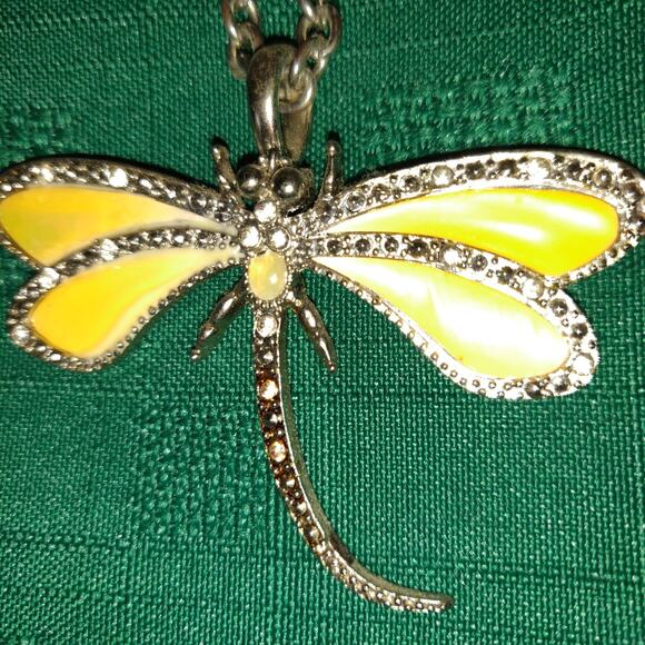 DragonFly Bug Necklace Costume Jewelry Yellow Silver Tone Good Luck Rhinestones - Picture 8 of 11